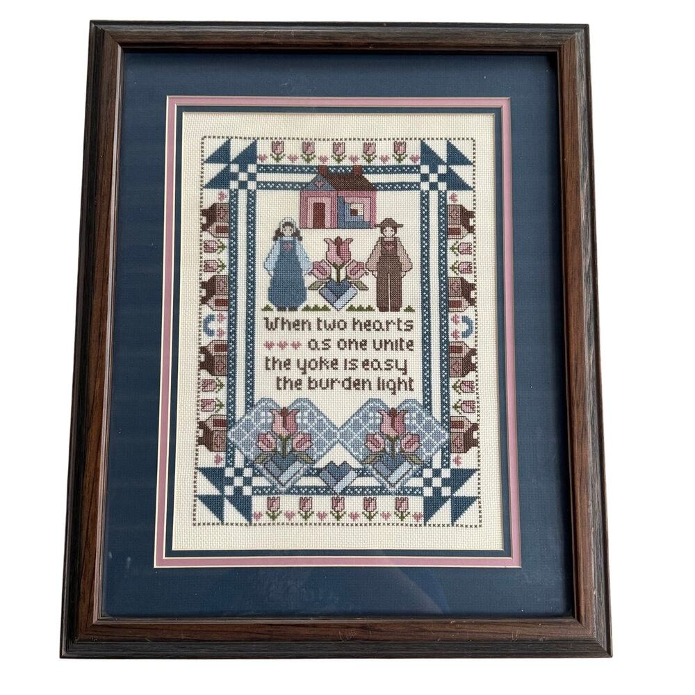Vintage Framed Cross Stitch Wedding Sampler Two Hearts Tulips Folk Art 16x20